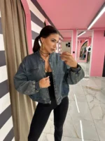 Blue denim bomber