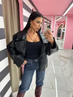 Oversized Leather Jacket Black Leather - Image 2