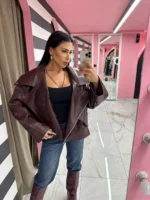 Oversized Leather Jacket Bordeaux Leather - Image 3