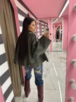 Oversized Leather Jacket Khaki Leather - Image 2