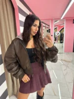 Oversized Leather Jacket – Καφέ με κουκούλα