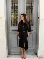 Belted Button-Front Midi Dress